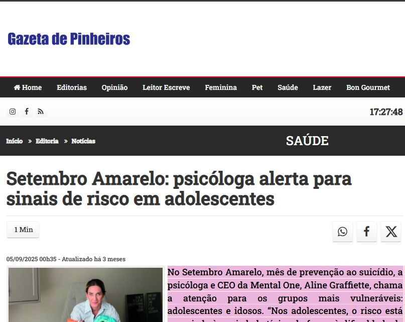 Setembro Amarelo: psicóloga alerta para sinais de risco em adolescentes