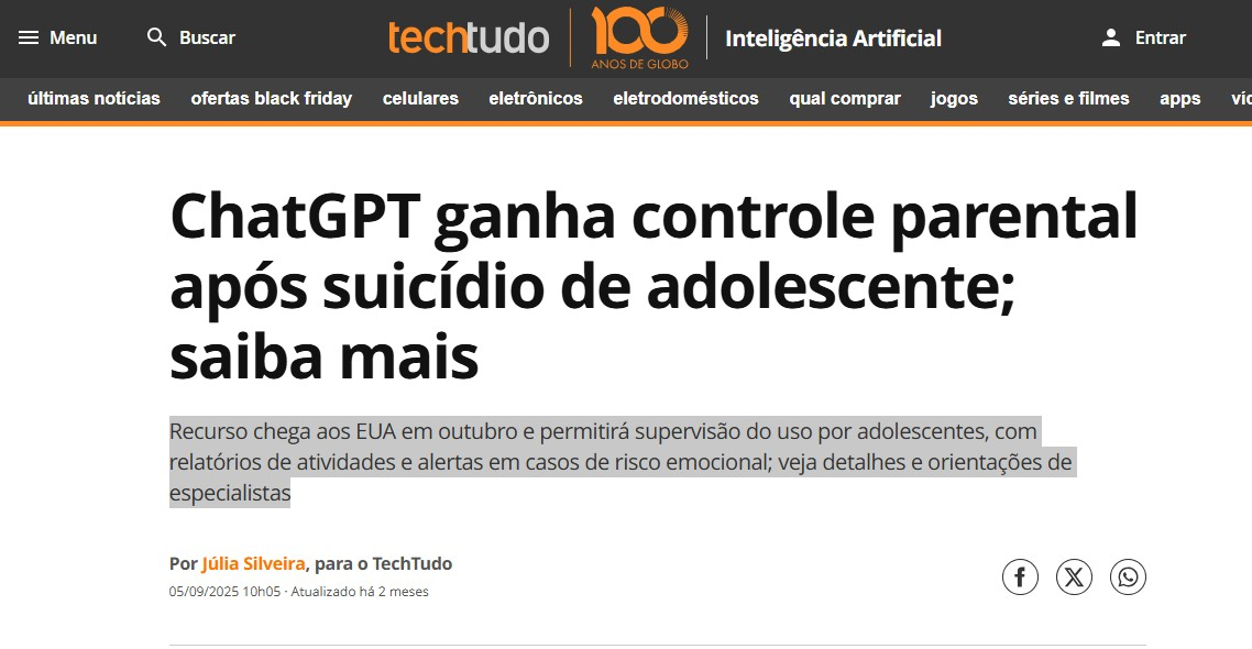 ChatGPT ganha controle parental após suicídio de adolescente; saiba mais